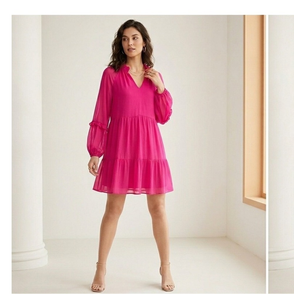 Vince Camuto Pink Tiered‎ Chiffon Ruffle Neck Mini Dress XS New